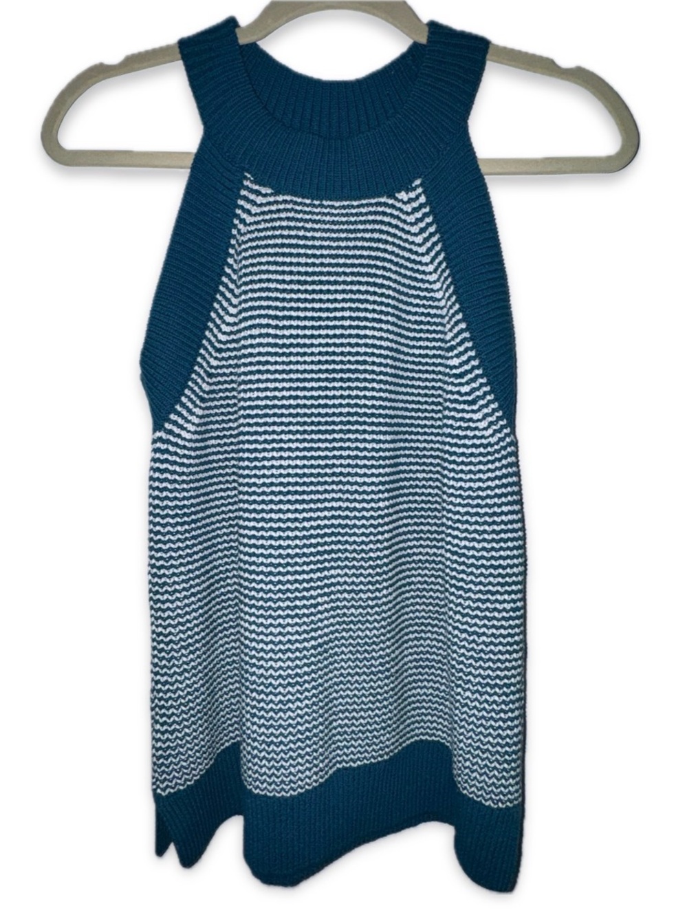 LOFT TEAL & WHITR STRIPED SLEEVELESS SWEATER KNIT TANK TOP SIZE L